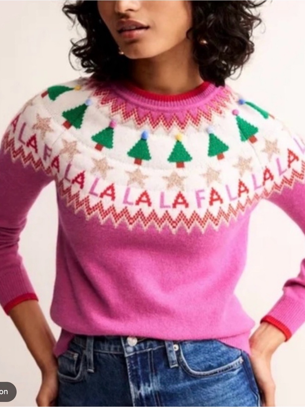 Boden Pink Fair Isle Crewneck Sweater with Green Tree Motif